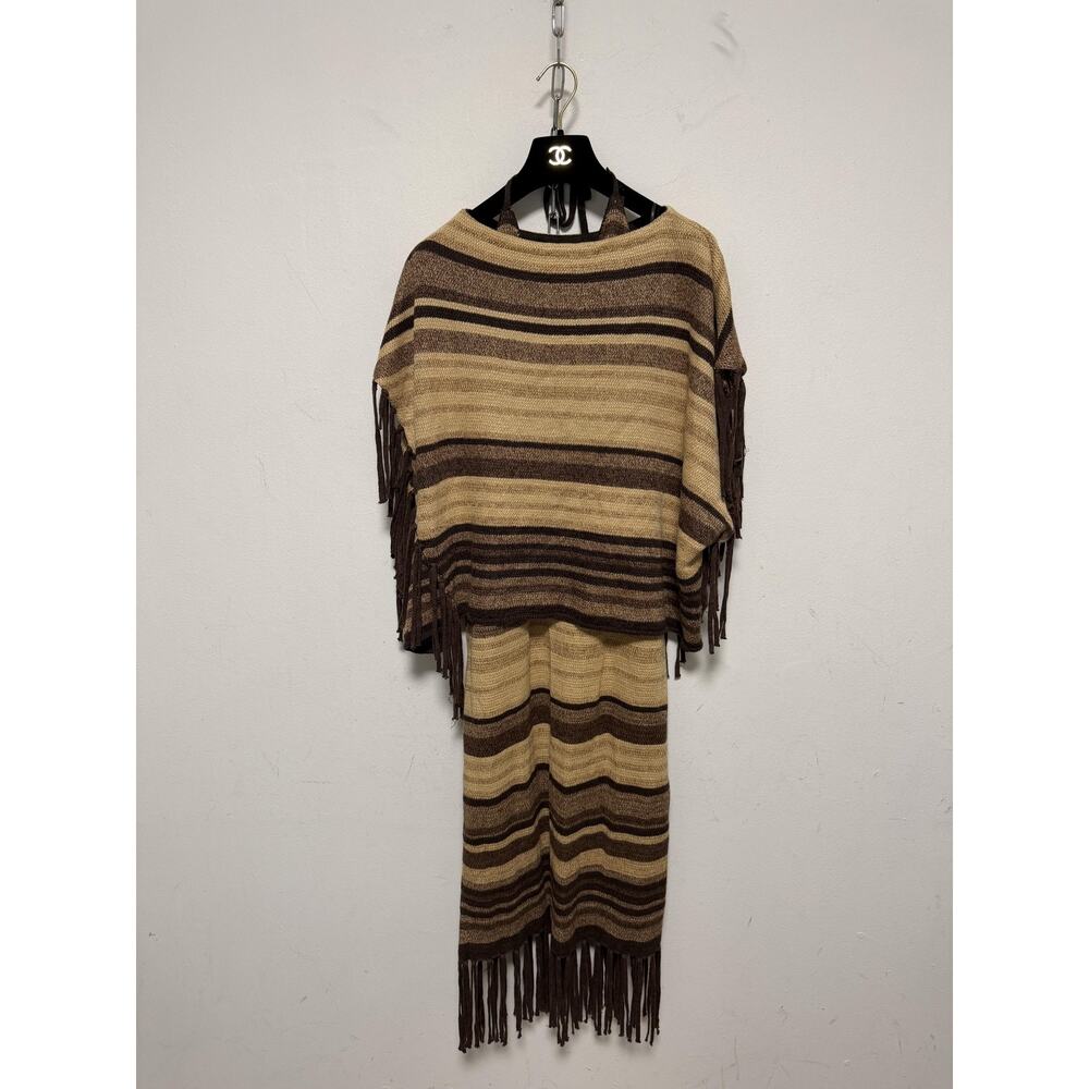 Lauren Ralph Lauren Two Piece Set Womens Medium Brown Striped Halter Fringe Knit